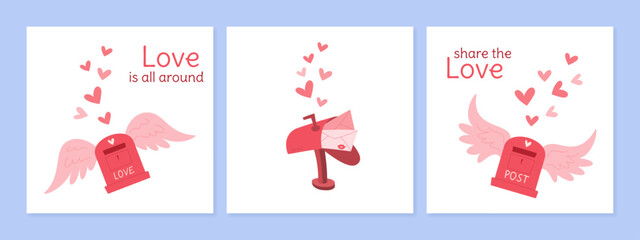 Creative love mailbox with wings poster set, cartoon cute mail design, trendy craft post card template, flat handmade envelope and letter banner with hearts, modern romantic postcard concept.