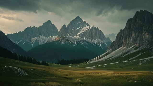 Video animation of majestic mountain range under a dramatic sky. Sharp peaks rise boldly against dark, moody clouds, while the foreground features a lush green valley with hints of yellow grass