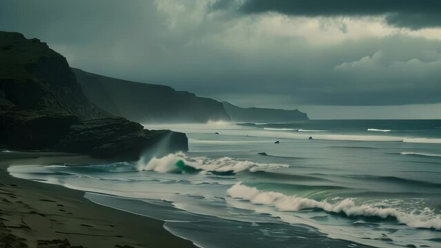 Video animation of Moody Seascape. It depicts a dramatic and somber ocean scene with dark, cloudy skies and waves breaking towards a deserted shore