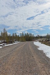Obraz premium Gravel Julma-Ölkyntie road in forest in cloudy spring weather, Hossa National, Park, Suomussalmi, Finland.