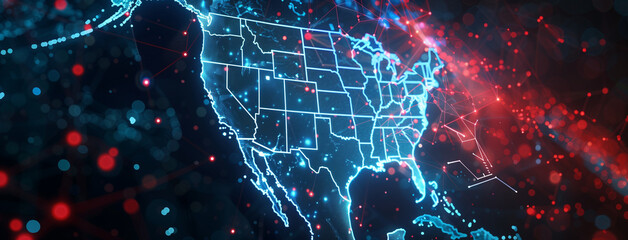 abstract binary code, America map, Abstract digital map Abstract digital map of America, concept of American global network and connectivity, data transfer and cyber technology, Ai