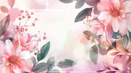 Fototapeta premium Elegant watercolor background with pink delicate spring flowers, Elegant arrangement for greeting card.