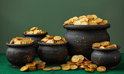 black pots with gold coins