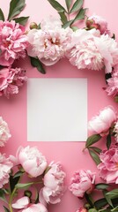 Fototapeta na wymiar Blank square card surrounded by pastel colored flowers on a light pink background