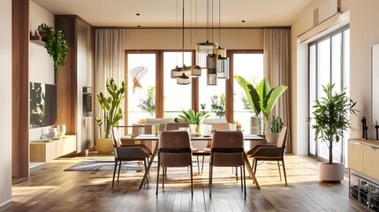 Modern interior of apartment, dining room with table and chairs, living room with sofa, hall, panorama 3d rendering