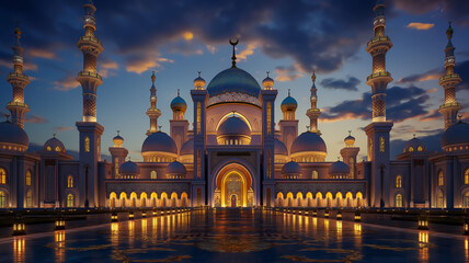 3D visualization of a mosque illuminated with dazzling lights and vibrant colors during the festive occasion of Eid Al Adha. Generative Ai. - obrazy, fototapety, plakaty
