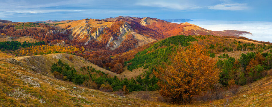View of high aerial perspective of Demergy Mountain, Crimea, Ukraine.