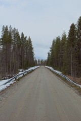 Gravel Autiontie road in forest in cloudy spring weather, Hossa National, Park, Suomussalmi, Finland.