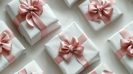 seamless pattern, white gift boxes with pink ribbons on a white background, view from above, delicate colors, pastel.