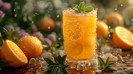 ニュアンスカラーの無地の背景にオレンジジュースの商品写真 < Generative AI > - obrazy, fototapety, plakaty