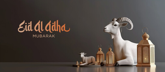 3D illustration of Eid Al Adha. Isolated goat and lantern. Generative Ai - obrazy, fototapety, plakaty