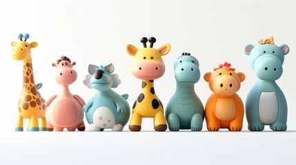 Cute animal assortment of giraffe, hippopotamus, horse, ostrich, koala, white background