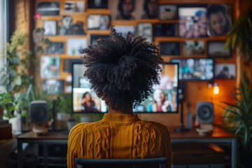 Obraz premium Rear view of a young woman looking at a computer monitor, conducting online negotiations via video call