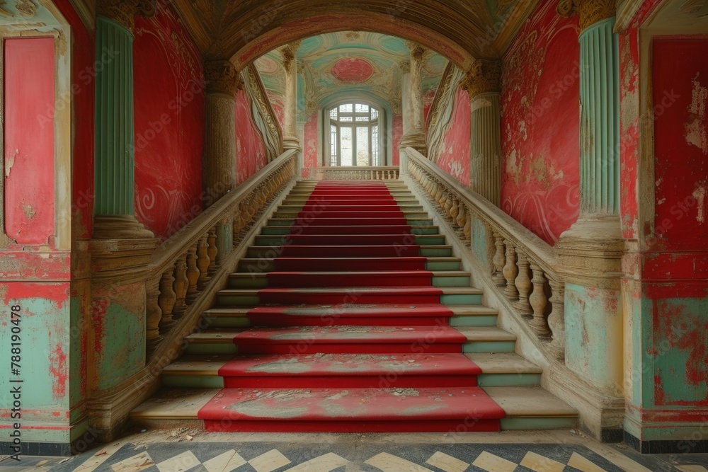 Poster a close up of a staircase with red carpet and a red carpet