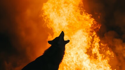 Silhouette of howling wolf against fiery backdrop capturing nature's wildness and the concept of wilderness survival
