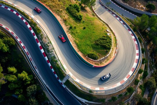 An overhead perspective capturing the race track filled with speeding cars in action, An aerial shot of car race on a winding racetrack, AI Generated