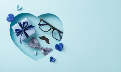 Elevate Father's Day wishes with a chic top view arrangement of bow tie, mustache, giftbox and more, showcased against a pastel blue backdrop. Heart-shaped cutout adds a loving detail