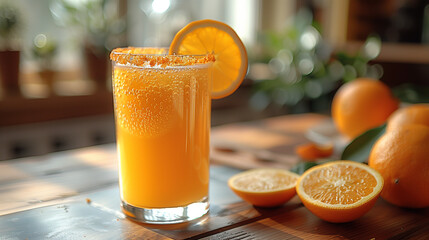 ニュアンスカラーの無地の背景にオレンジジュースの商品写真 < Generative AI > - obrazy, fototapety, plakaty