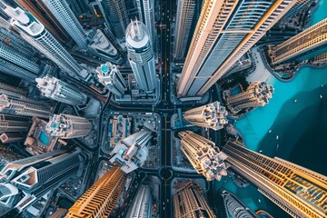 This photo captures a birds-eye view of a bustling cityscape, dominated by numerous towering buildings, An aerial shot of skyscrapers in the vibrant city of Dubai, AI Generated - obrazy, fototapety, plakaty