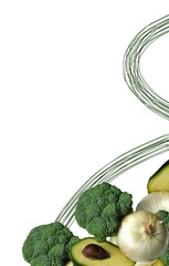 Image with cut out composition of broccoli, light salad onions, avocado halves. Drawn artistic lines. Healthy lifestyle concept. Image manipulation. Line art, Food art. Copy space