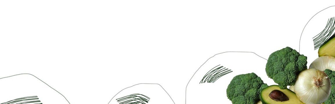 Image with cut out composition of broccoli, light salad onions, avocado halves. Drawn artistic lines. Healthy lifestyle concept. Image manipulation. Line art, Food art. Copy space