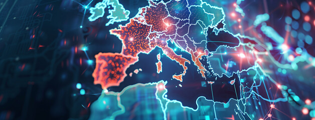 blue background with particles, Abstract digital map of Western Europe, concept of European global...