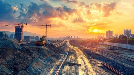 Civil construction encompasses the planning, excavation, foundation laying, and structural assembly required for infrastructure projects like roads, bridges, and buildings. - obrazy, fototapety, plakaty