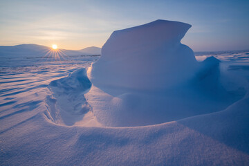 View of snow-covered tundra in winter, Vorkuta, Komi Republic, Russia.