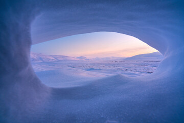 View of snowy Arctic tundra in Vorkuta, Russia.