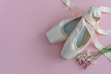 A pair of ballet slippers is on a pink background with flowers