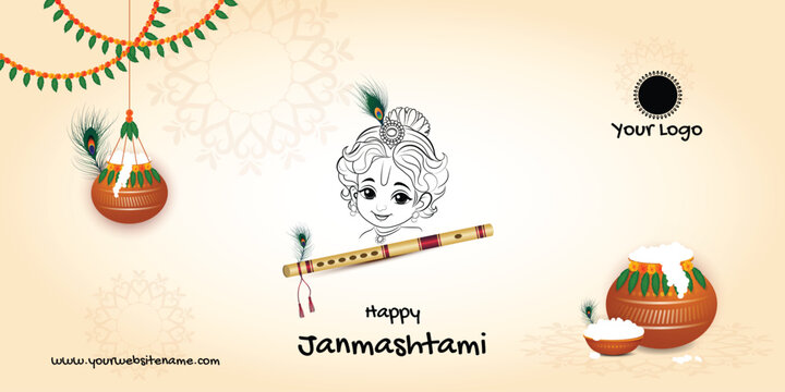 Happy janmashtami matki and bansuri with lord krishna illustration banner post design