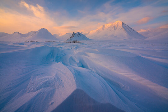View of snowy arctic landscape in Vorkuta, Komi Republic, Russia.