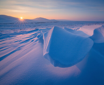 View of snowy Arctic tundra in Vorkuta, Russia.
