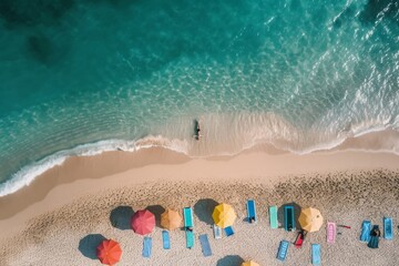This photo captures an aerial perspective of a beach dotted with umbrellas and chairs, An aerial view of a morning yoga session on a beach, AI Generated