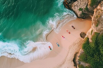 A diverse group of individuals standing together on the sandy beach, overlooking the vast ocean, An aerial view of a morning yoga session on a beach, AI Generated