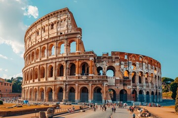 Fototapeta na wymiar The towering Roman Colossion monument in Rome, Italy, showcasing its grandeur and historical significance, An ancient Roman Colosseum, AI Generated
