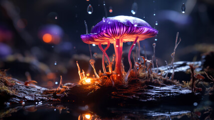 Mushrooms in the rain forest at night. Mushroom in the rain forest - obrazy, fototapety, plakaty