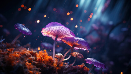 Mushrooms in the forest at night. Fantasy magic mushrooms.