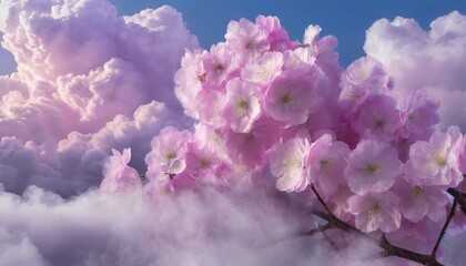 ai generative of a bright sky with cherry blossoms and wide pastel colored fog