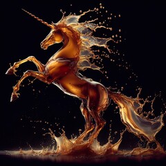 rearing unicorn or horse made from whisky splashes dark background