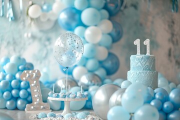 A table covered in blue and white balloons, An array of baby blue birthday balloons for a boy's first birthday, AI Generated