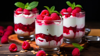 Delicious dessert with fresh raspberries and yogurt in a glass