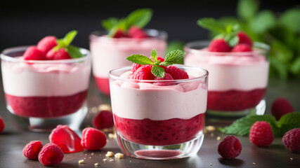 Delicious dessert with fresh raspberries and yogurt in a glass