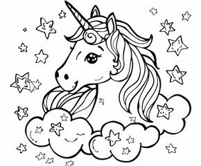 Obraz na płótnie Canvas A beautiful cute baby unicorn surrounded by stars and clouds in the style of coloring markers