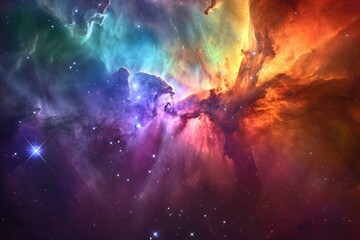 The photo depicts a vibrant and star-filled space, showcasing a multitude of colors and celestial bodies, An array of brilliant colors merging at the epicenter of a nebula, AI Generated