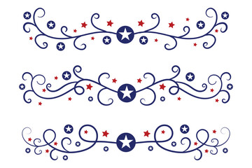 4th of July lettering header Ornate swirls, patriotic red stars, and blue Elegant fancy separators Decorative Elements, American Independence Day Calligraphy Flourishes text dividers
