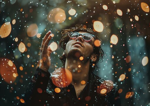 Dreamy Man Enjoying Magical Snowfall At Night With Festive Lights
