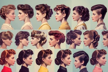 A Series of Photos of a Womans Hair Styles, An array of retro hairstyles, demonstrating the style evolution over decades, AI Generated