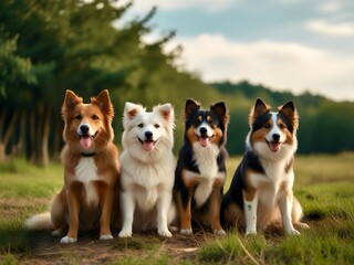 Several beautiful large dogs sitting next to each other against the backdrop of nature