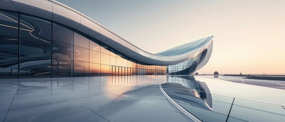 Fototapeta premium A sleek, ultramodern building with sweeping curves and a glossy, reflective floor extending into the foreground, under a clear sky